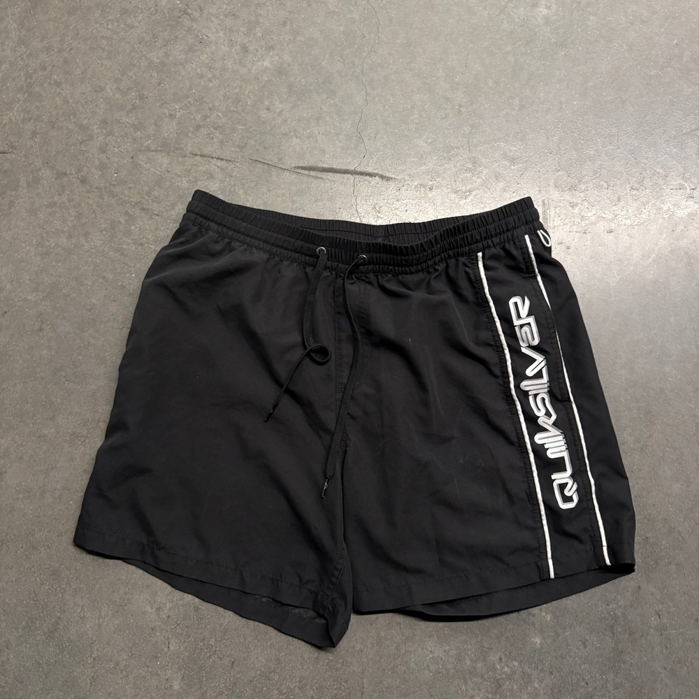 Quiksilver Mens Black Board Shorts Swim Trunks Graphic Logo Size Large